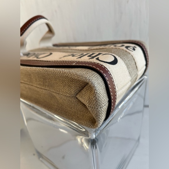 Chloé Mini Woody Linen Canvas North/South Tote- White-Brown - Picture 11 of 15